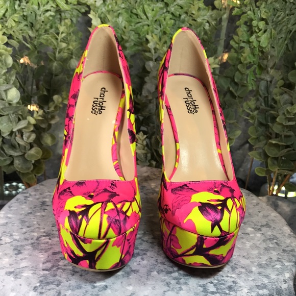 Women’s Size 6.5M Charlotte Russe Neon Pink & Yellow 5” Heels w/1.5” Platform - Picture 2 of 10